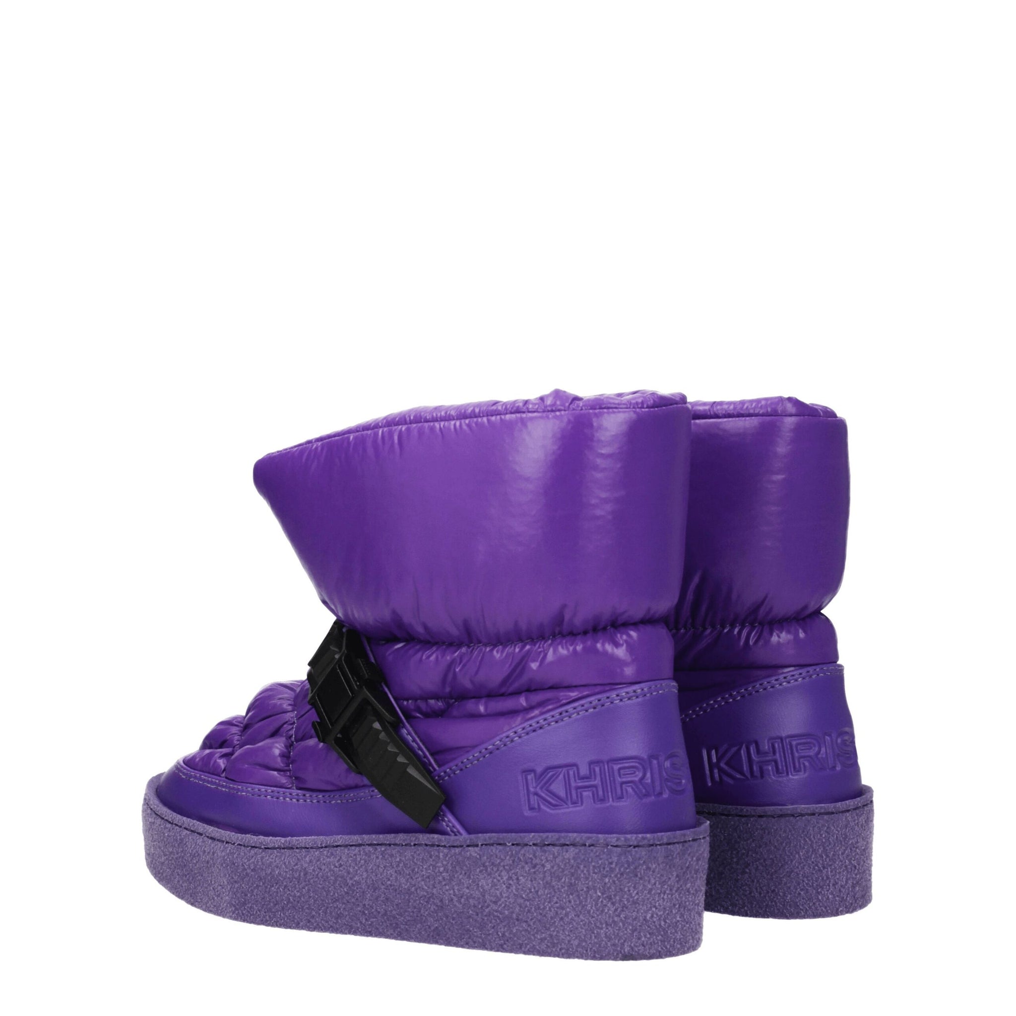 Angled back view of Khrisjoy Purple Polyester Ankle Boots with embossed logo and black buckle, combining fashion and function in women’s boots.