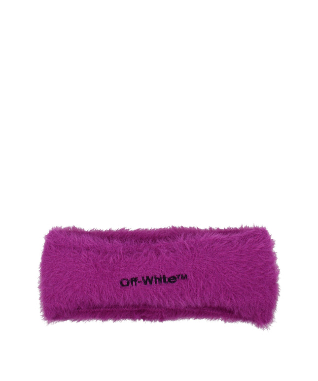 Off-White purple fabric headband with soft fuzzy texture and black embroidered logo, ideal for women's hair accessories collection.
