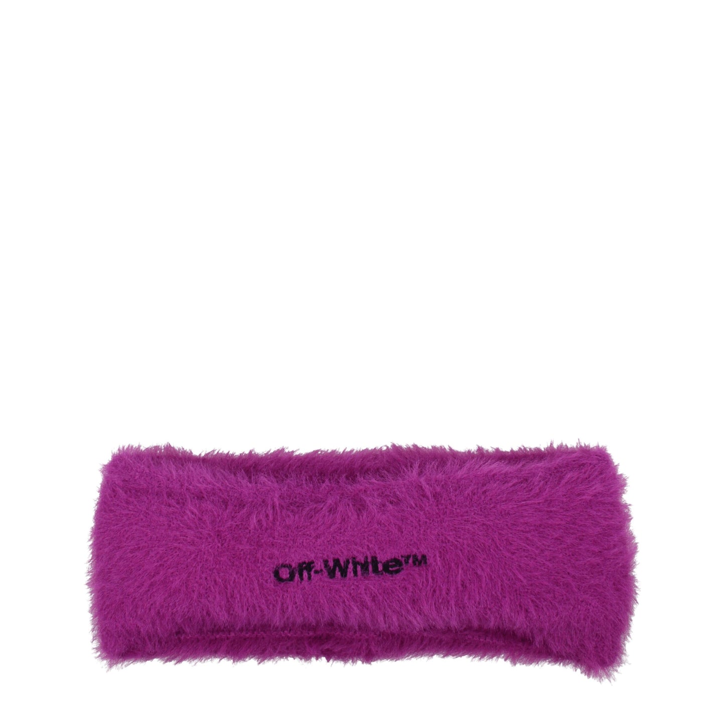 Off-White purple fabric headband with soft fuzzy texture and black embroidered logo, ideal for women's hair accessories collection.