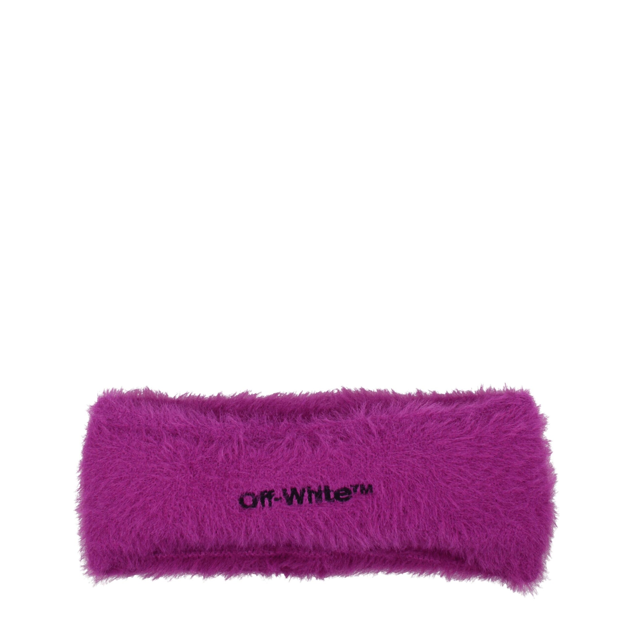 Off-White purple fabric headband with soft fuzzy texture and black embroidered logo, ideal for women's hair accessories collection.