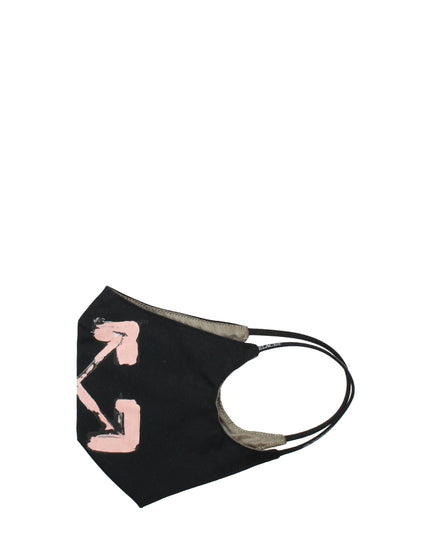 Off-White black cotton facemask featuring pink arrow logo design, ideal for stylish streetwear and women's accessories collections.