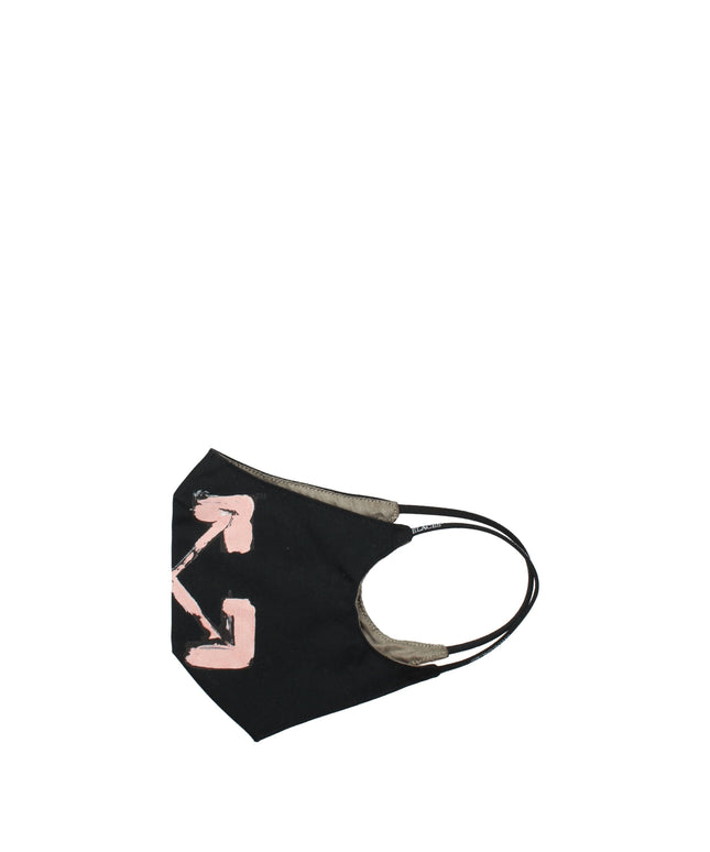 Off-White black cotton facemask featuring pink arrow logo design, ideal for stylish streetwear and women's accessories collections.