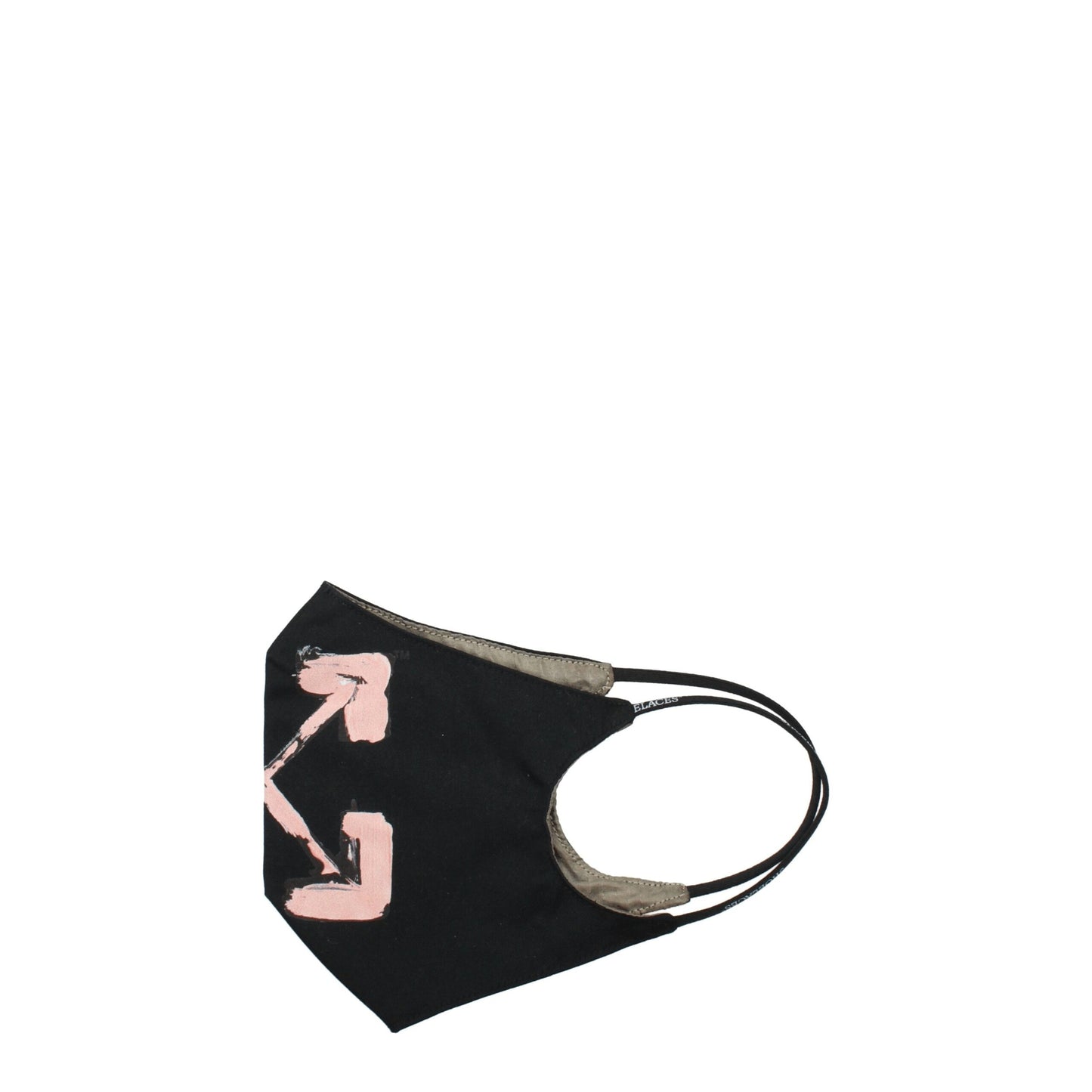 Off-White black cotton facemask featuring pink arrow logo design, ideal for stylish streetwear and women's accessories collections.