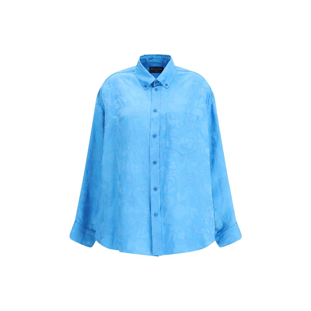 Balenciaga Cocoon Shirt in vibrant blue with a relaxed oversized fit and subtle floral pattern, ideal for women's designer fashion collections.