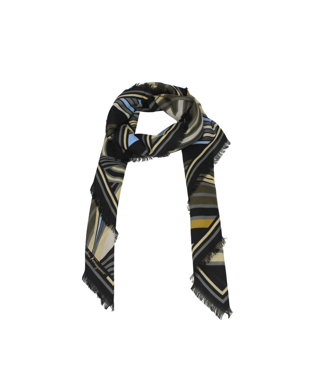 Salvatore Ferragamo Black Wool Foulards featuring geometric stripe patterns in blue, beige, and olive tones. Elegant women's scarf with fringed edges.