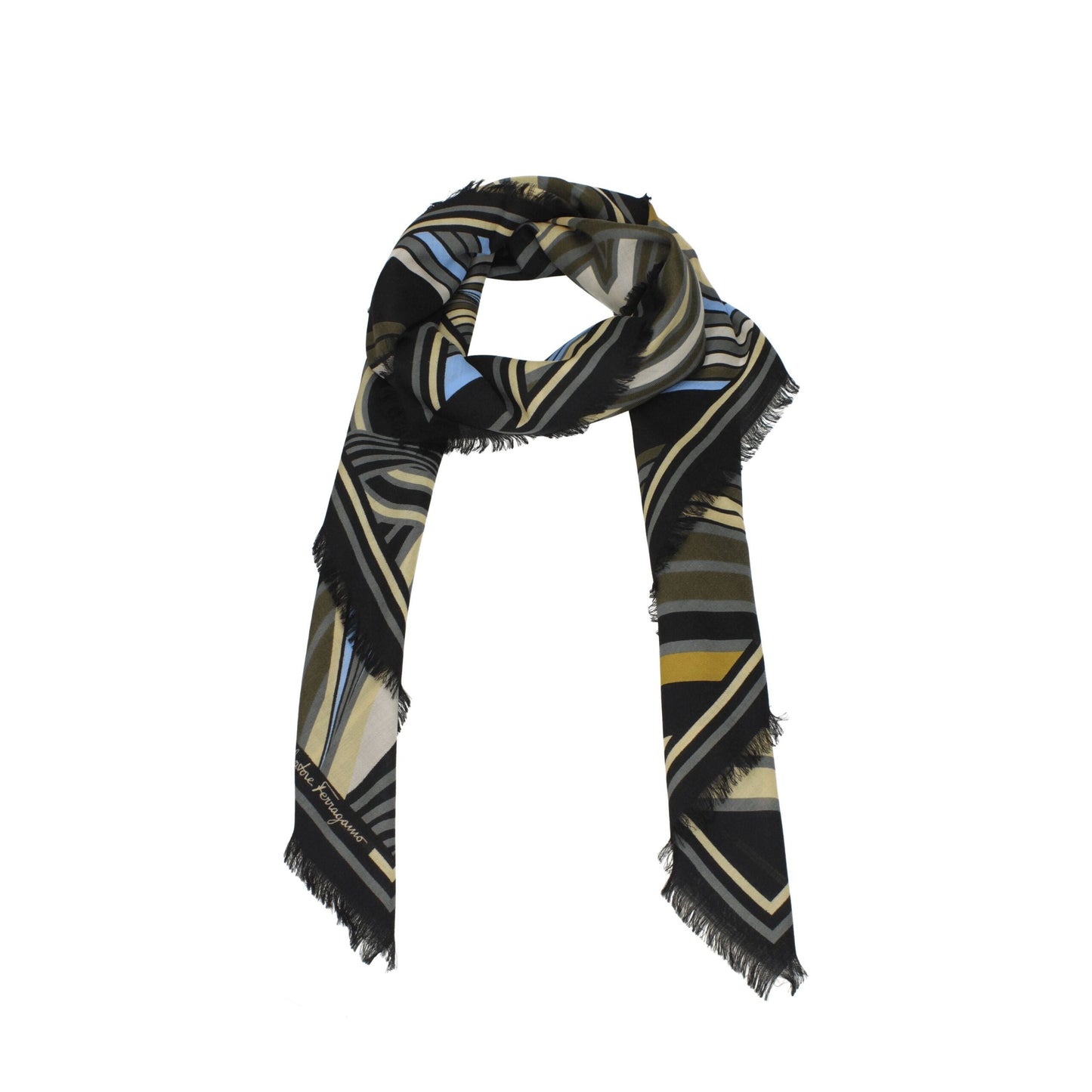 Salvatore Ferragamo Black Wool Foulards featuring geometric stripe patterns in blue, beige, and olive tones. Elegant women's scarf with fringed edges.