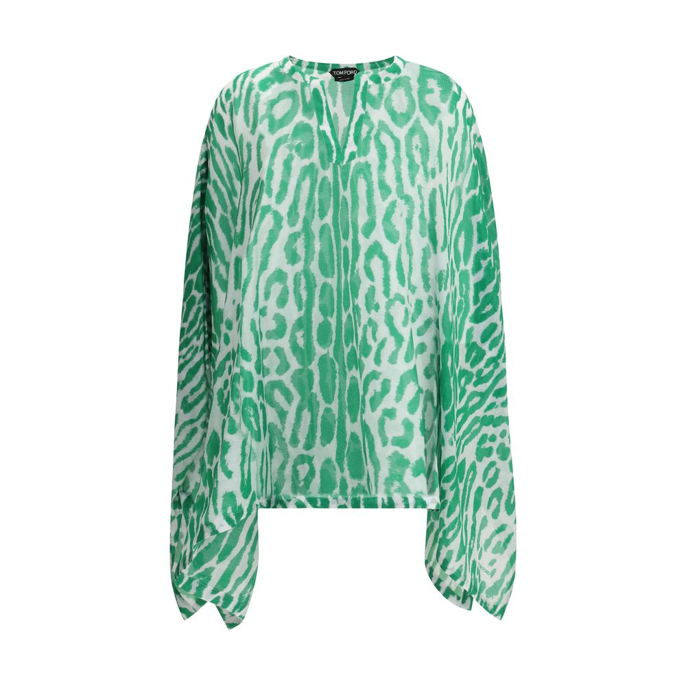 Tom Ford Kaftan Dress in green with abstract animal print, featuring long sleeves and a relaxed silhouette, ideal for casual wear.