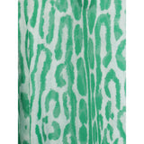 Close-up of Tom Ford Kaftan Dress fabric highlighting green abstract animal print on lightweight material for a chic, breezy look.