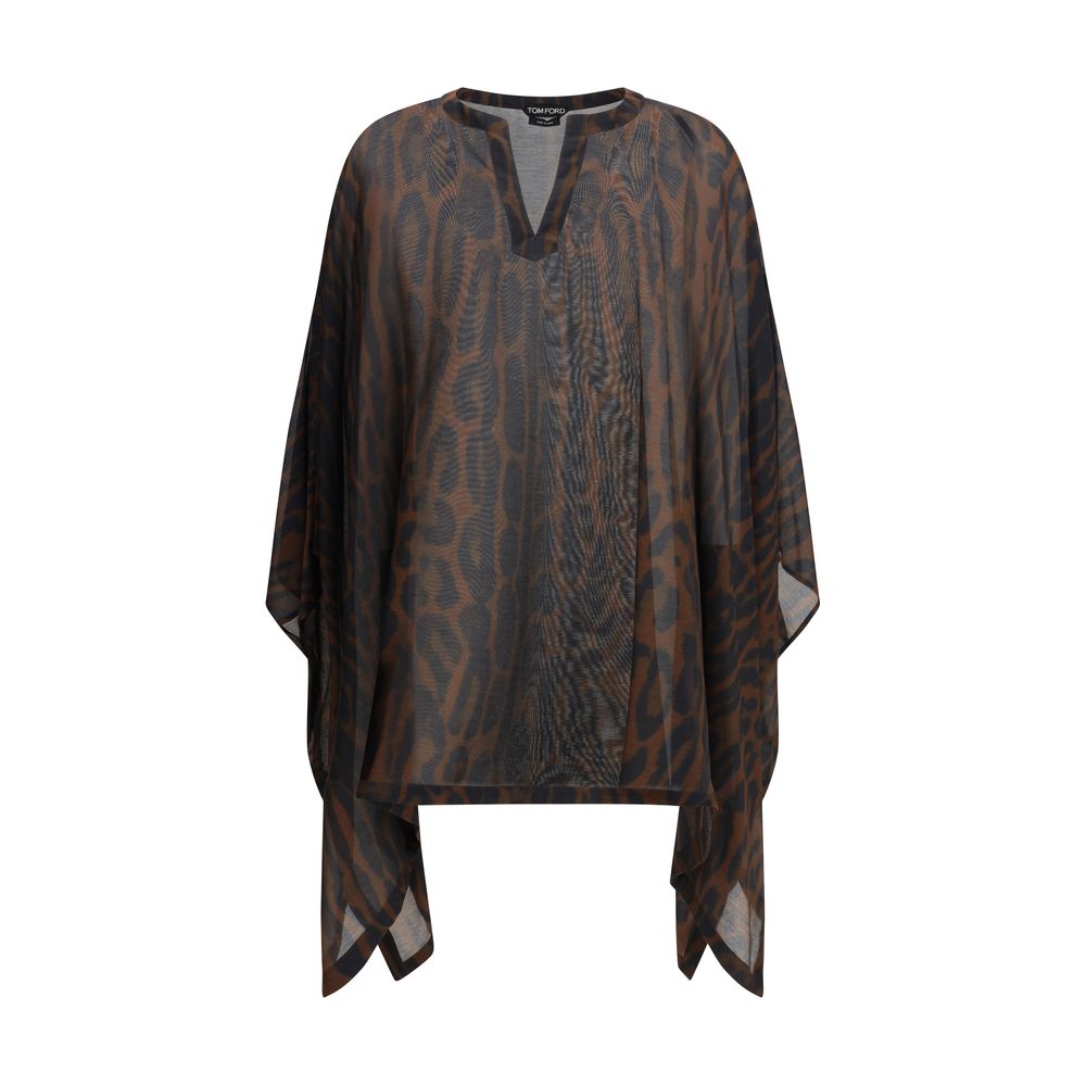 Tom Ford Kaftan Dress in sheer brown fabric with bold animal print, featuring a relaxed fit and asymmetrical hem for casual elegance.