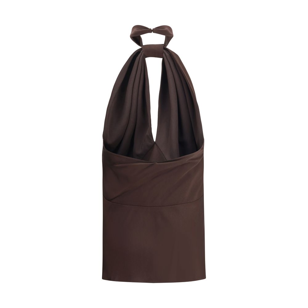 Back view of Tom Ford Halterneck Top in brown featuring a low-cut draped design, perfect for stylish women's sportswear collections.