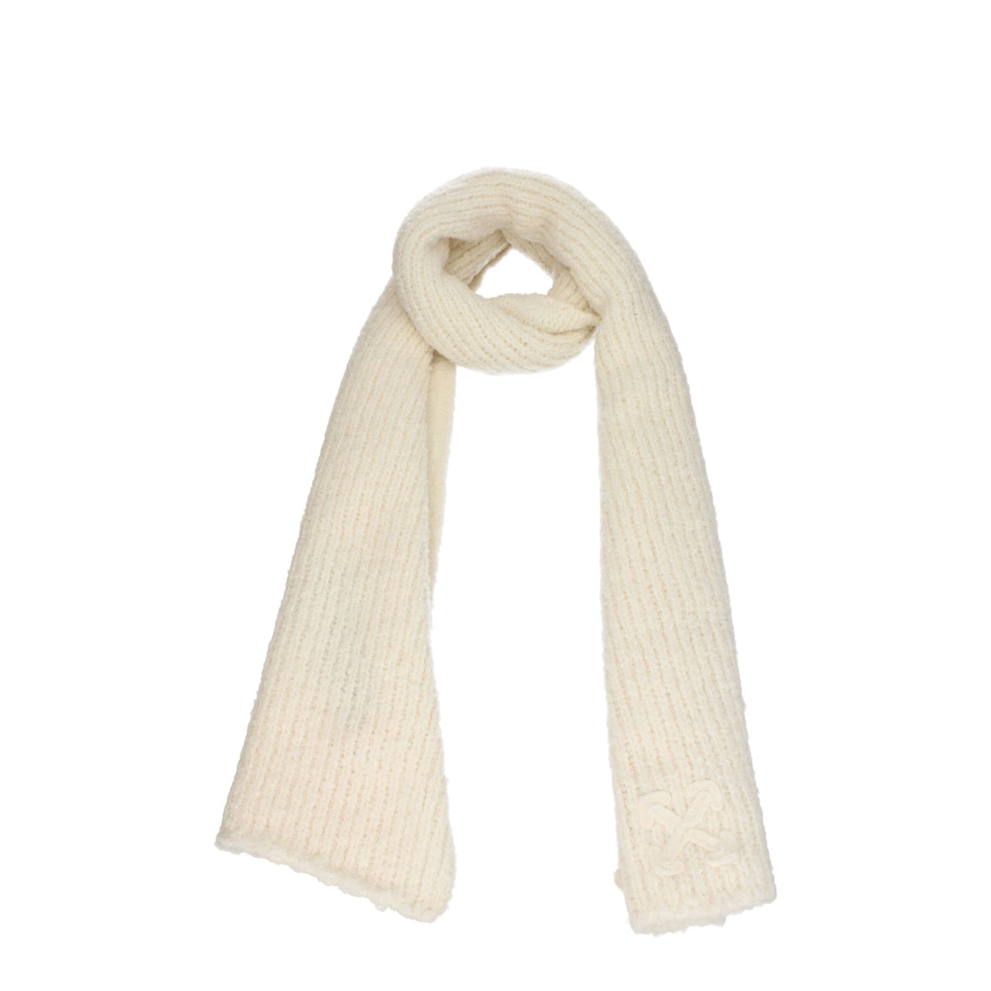 Off-White beige wool scarf for men featuring ribbed knit texture and tonal logo patch, ideal for winter accessories collection.