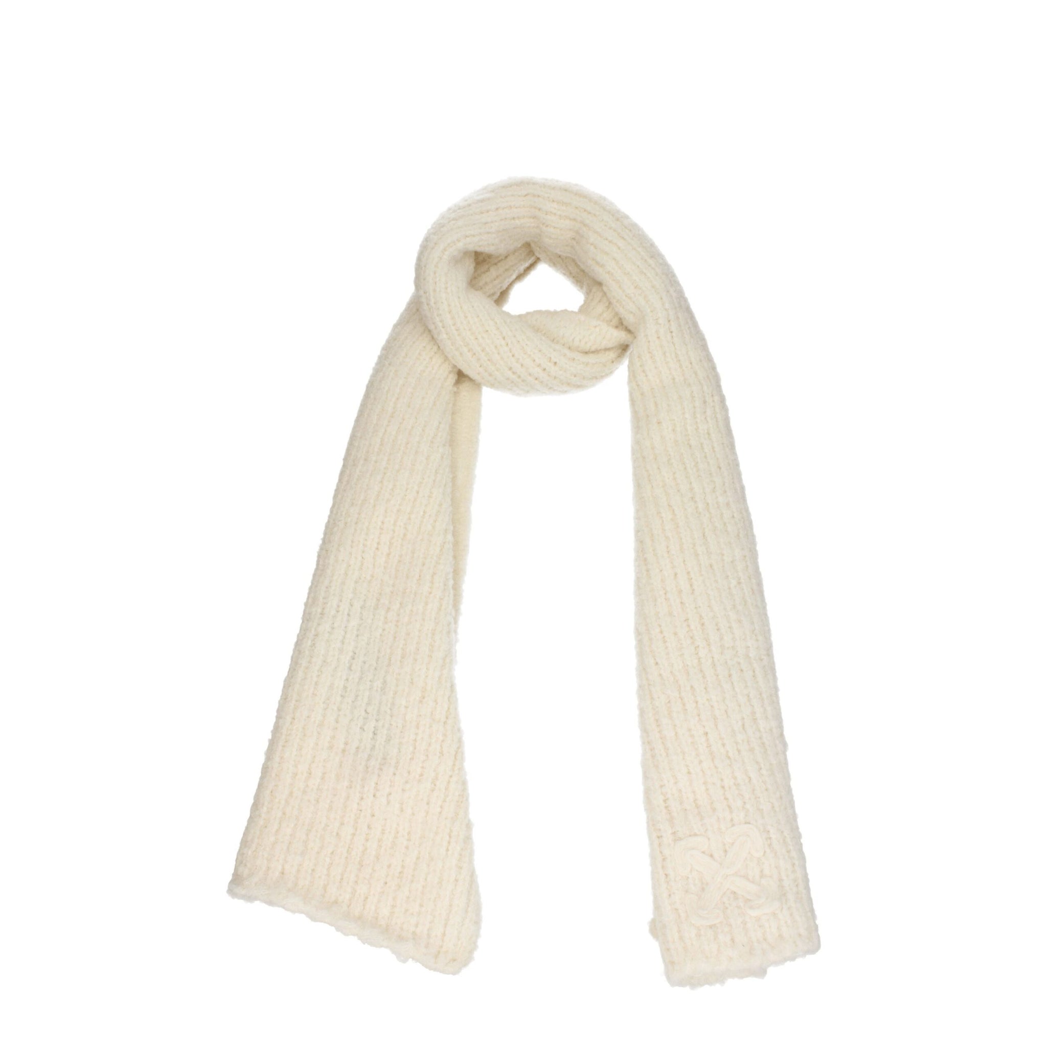 Off-White beige wool scarf for men featuring ribbed knit texture and tonal logo patch, ideal for winter accessories collection.