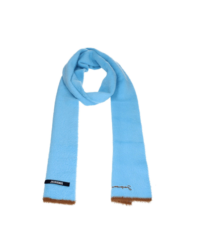Jacquemus light blue polyamide scarf with brown faux fur trim and logo patch, ideal for women's winter accessories collection.