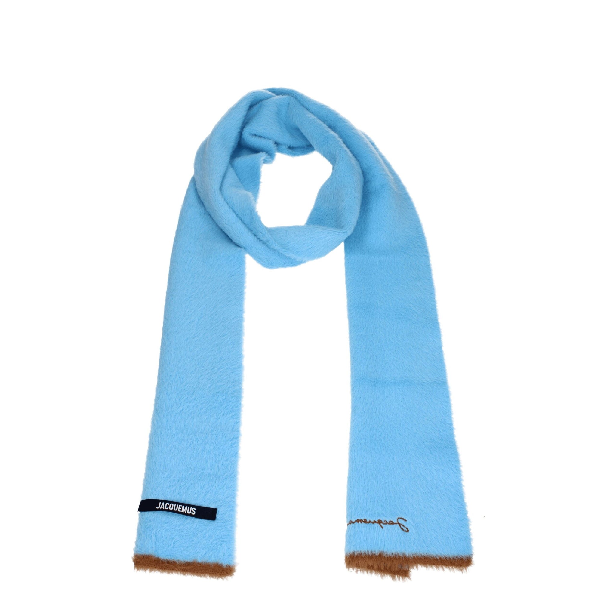 Jacquemus light blue polyamide scarf with brown faux fur trim and logo patch, ideal for women's winter accessories collection.