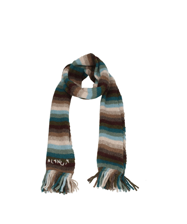 Alanui Beige Leather Scarves featuring multicolor striped knit with fringe ends and embroidered logo, ideal for women's winter accessories.