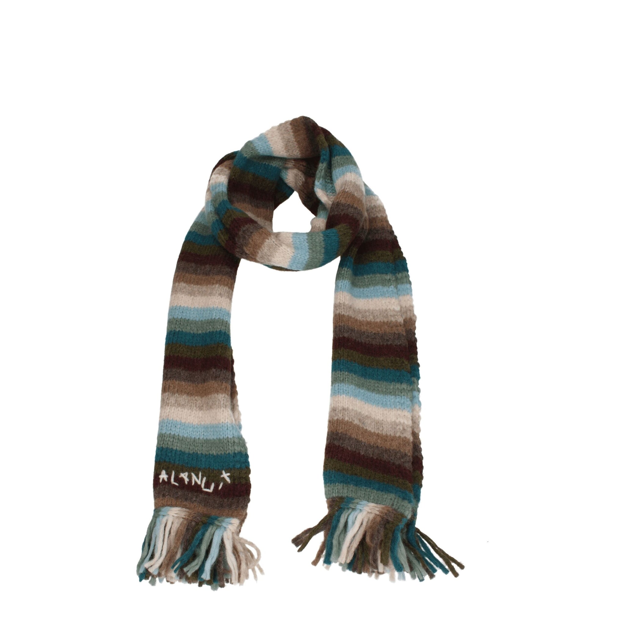 Alanui Beige Leather Scarves featuring multicolor striped knit with fringe ends and embroidered logo, ideal for women's winter accessories.