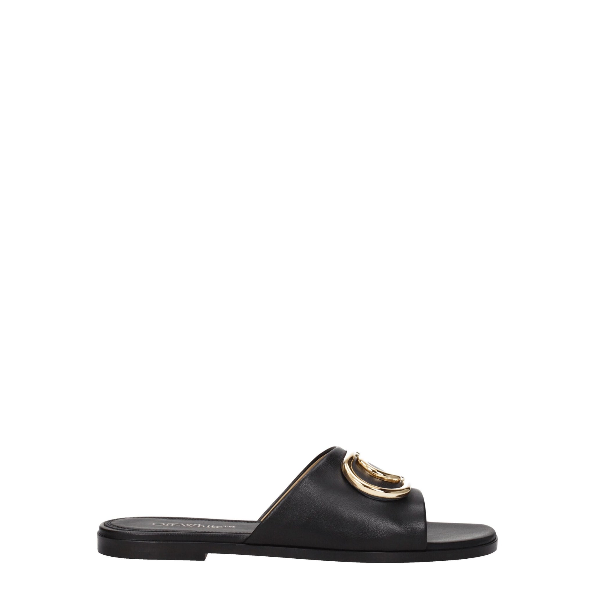 Off-White Black Leather Slippers Sandals in EU36/US6 size featuring gold-tone hardware on a flat sole, perfect for casual luxury wear.