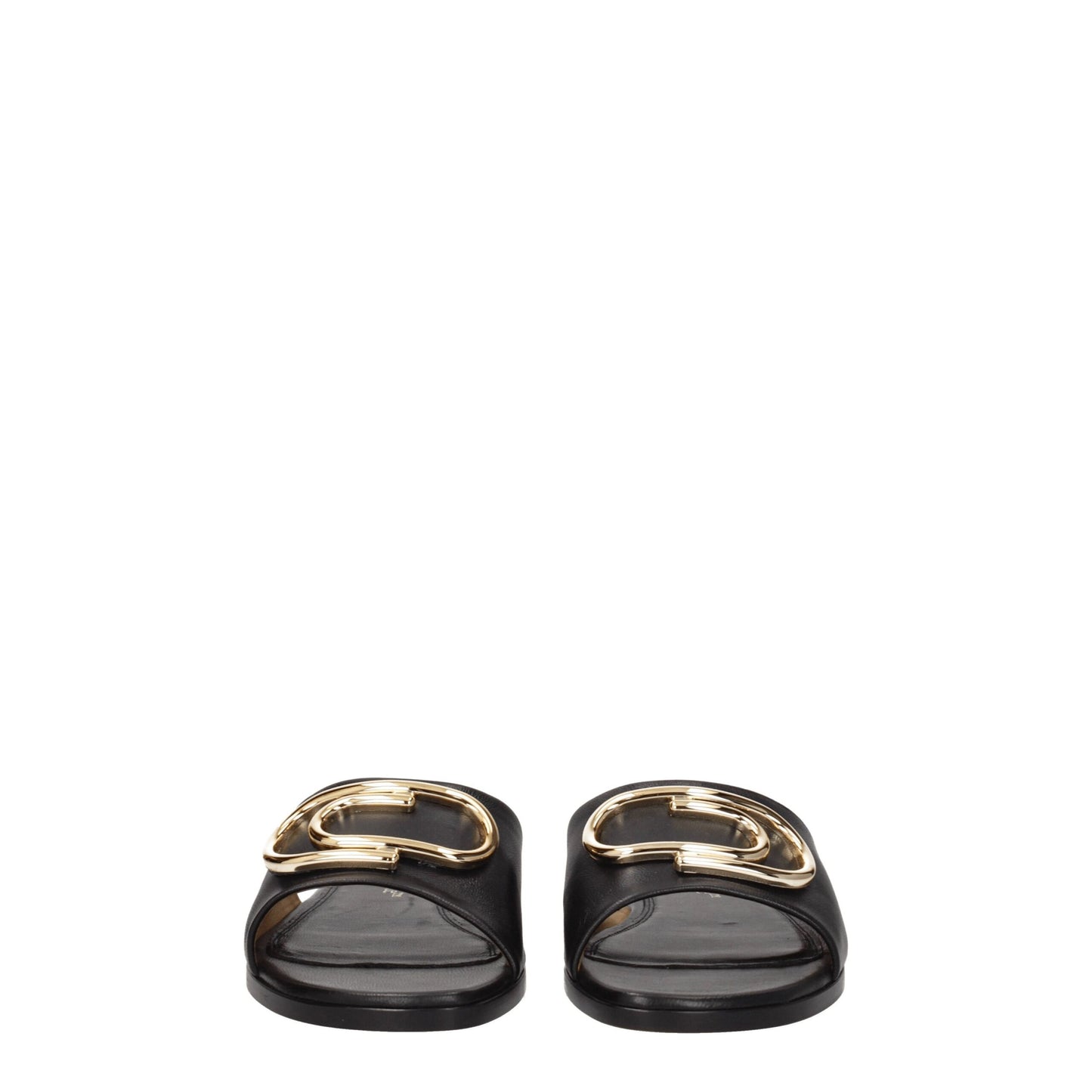 Front view of Off-White Black Leather Slippers Sandals showcasing open-toe design and bold gold logo accents for a chic, modern look.