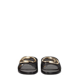 Front view of Off-White Black Leather Slippers Sandals showcasing open-toe design and bold gold logo accents for a chic, modern look.
