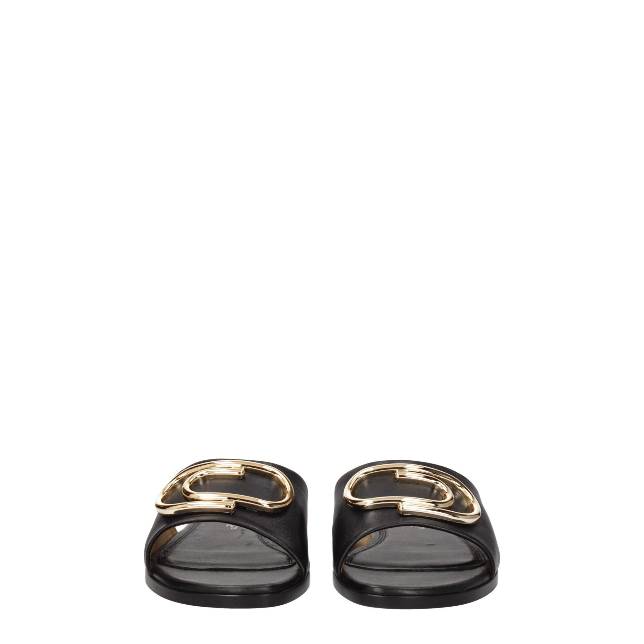 Front view of Off-White Black Leather Slippers Sandals showcasing open-toe design and bold gold logo accents for a chic, modern look.