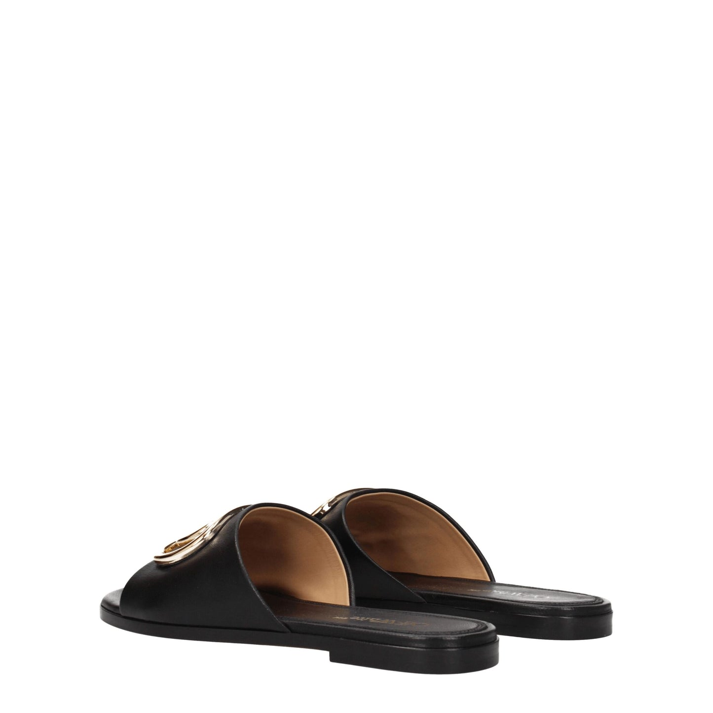 Rear angle of Off-White Black Leather Slippers Sandals highlighting smooth leather finish and slip-on comfort for stylish everyday wear.
