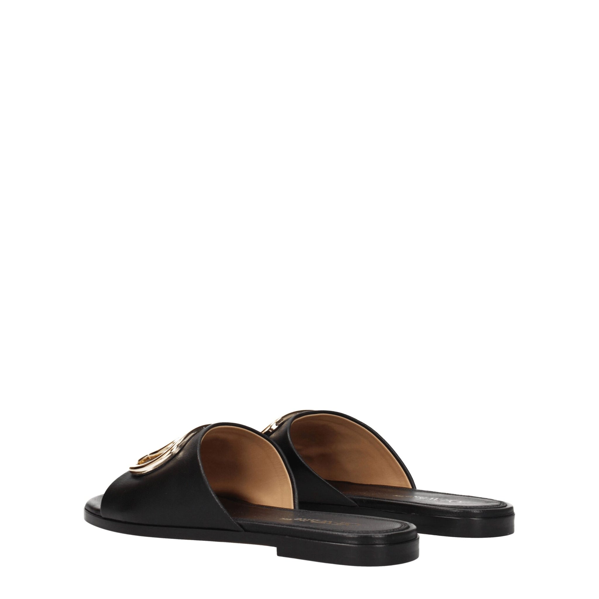 Rear angle of Off-White Black Leather Slippers Sandals highlighting smooth leather finish and slip-on comfort for stylish everyday wear.