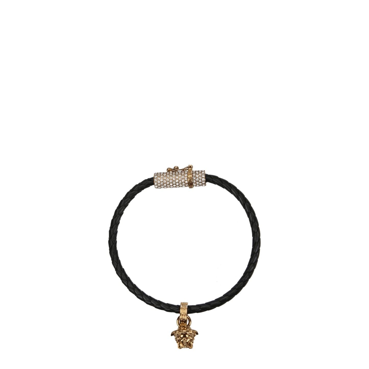 Versace Black Leather Bracelet featuring braided leather band with gold Medusa charm and crystal-embellished clasp. Luxury women's accessory.