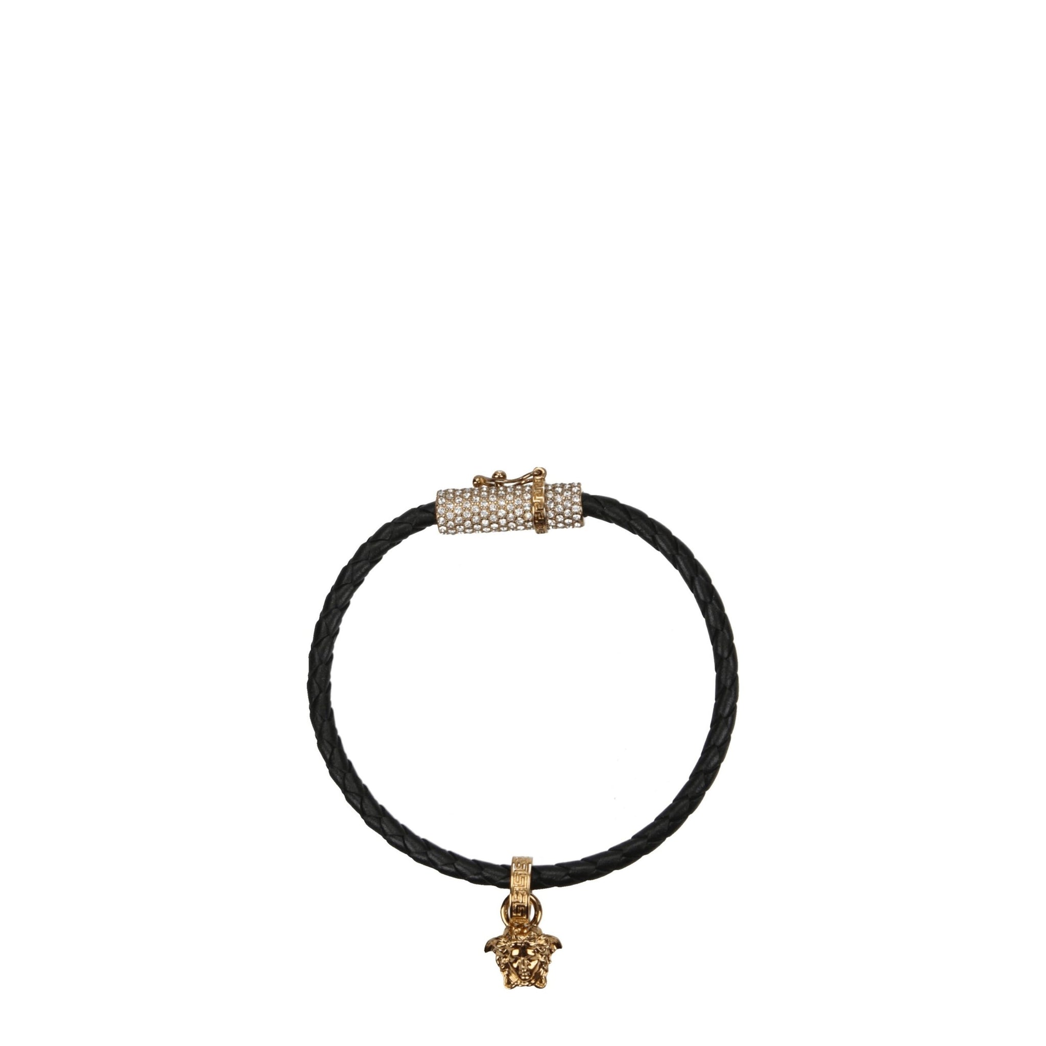 Versace Black Leather Bracelet featuring braided leather band with gold Medusa charm and crystal-embellished clasp. Luxury women's accessory.