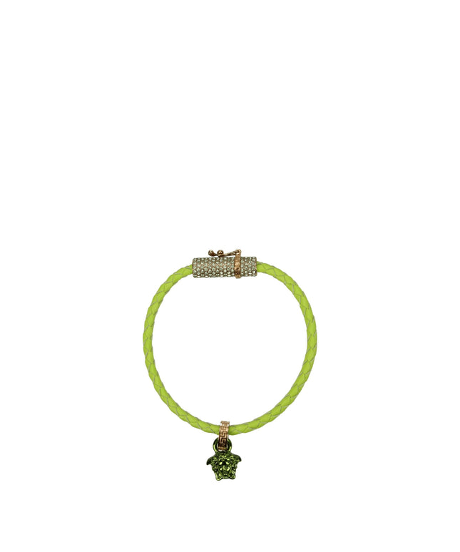 Versace green leather bracelet with braided design and Medusa charm, featuring gold-tone clasp and crystal embellishments. Luxury women's accessory.