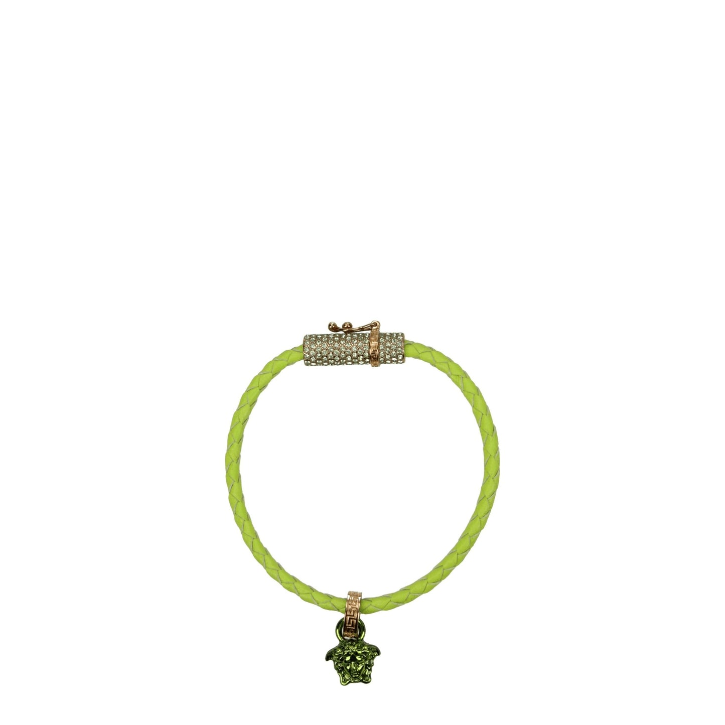 Versace green leather bracelet with braided design and Medusa charm, featuring gold-tone clasp and crystal embellishments. Luxury women's accessory.