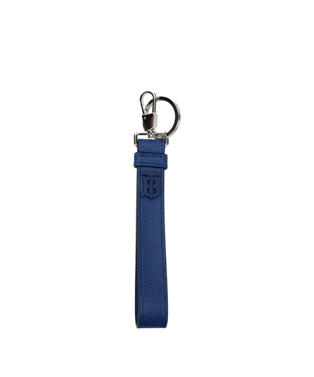 Burberry blue leather keychain with embossed logo and silver-tone hardware. Stylish men's accessory ideal for securing keys or attaching to bags.
