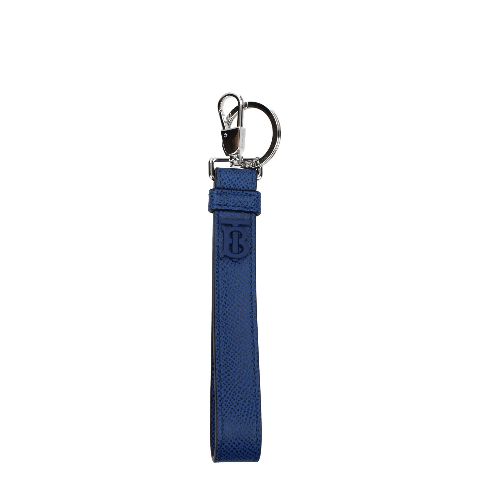 Burberry blue leather keychain with embossed logo and silver-tone hardware. Stylish men's accessory ideal for securing keys or attaching to bags.
