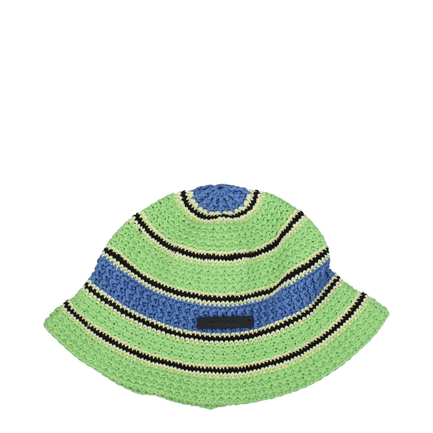 Stella McCartney green cotton bucket hat with blue and black striped crochet design, size 58 cm M, new with tags for women.