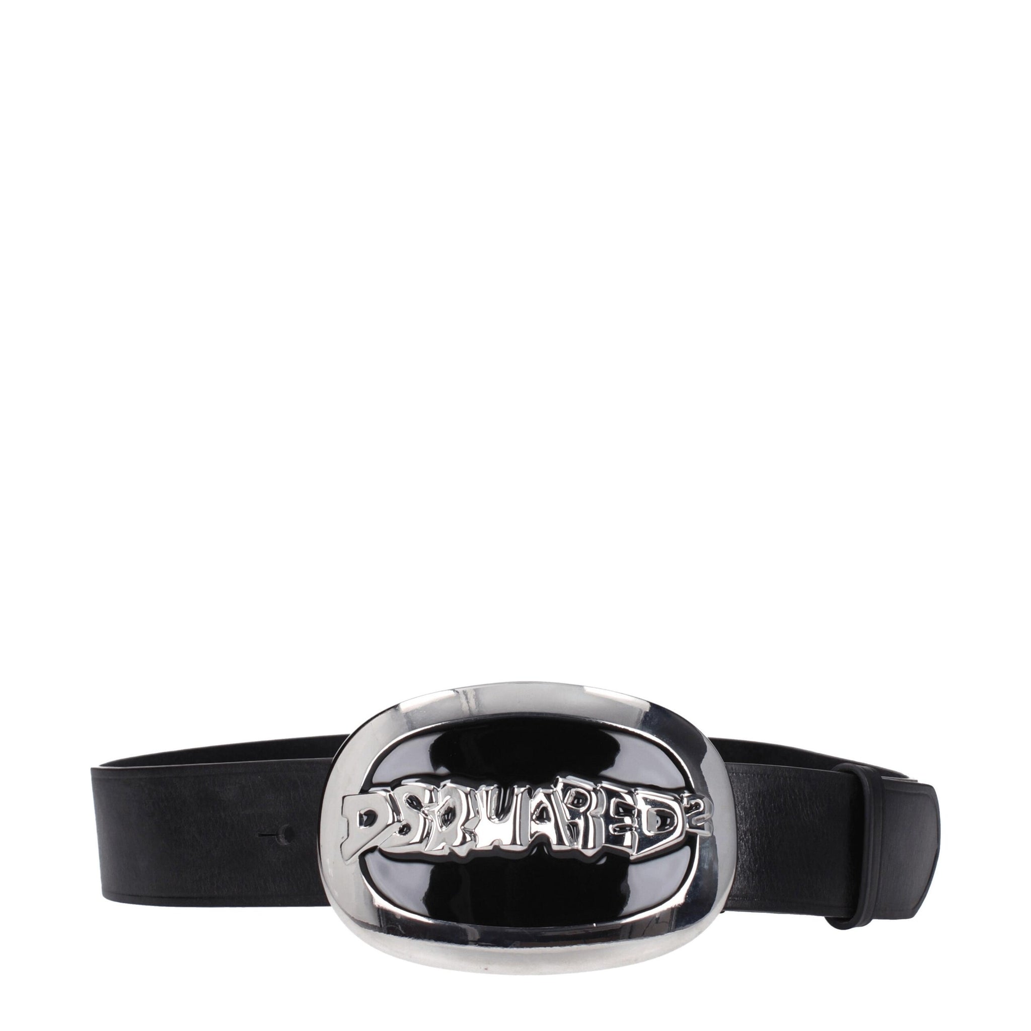 Dsquared² black leather belt with oversized silver-tone buckle featuring bold engraved logo. Women's accessory, size 85 cm, new with tags.
