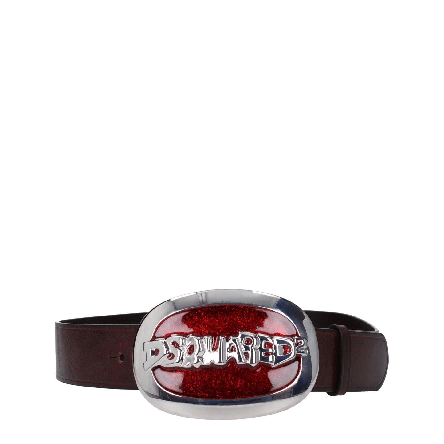 Dsquared² brown leather regular belt for women featuring a bold red and silver logo buckle. Stylish accessory ideal for casual or statement outfits.