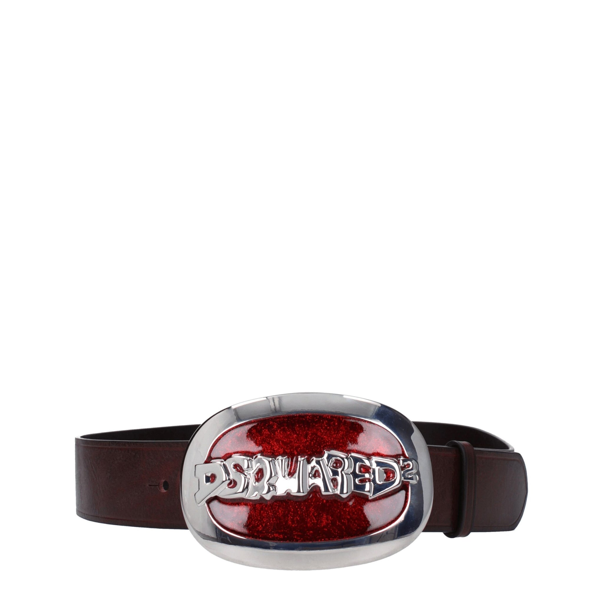 Dsquared² brown leather regular belt for women featuring a bold red and silver logo buckle. Stylish accessory ideal for casual or statement outfits.