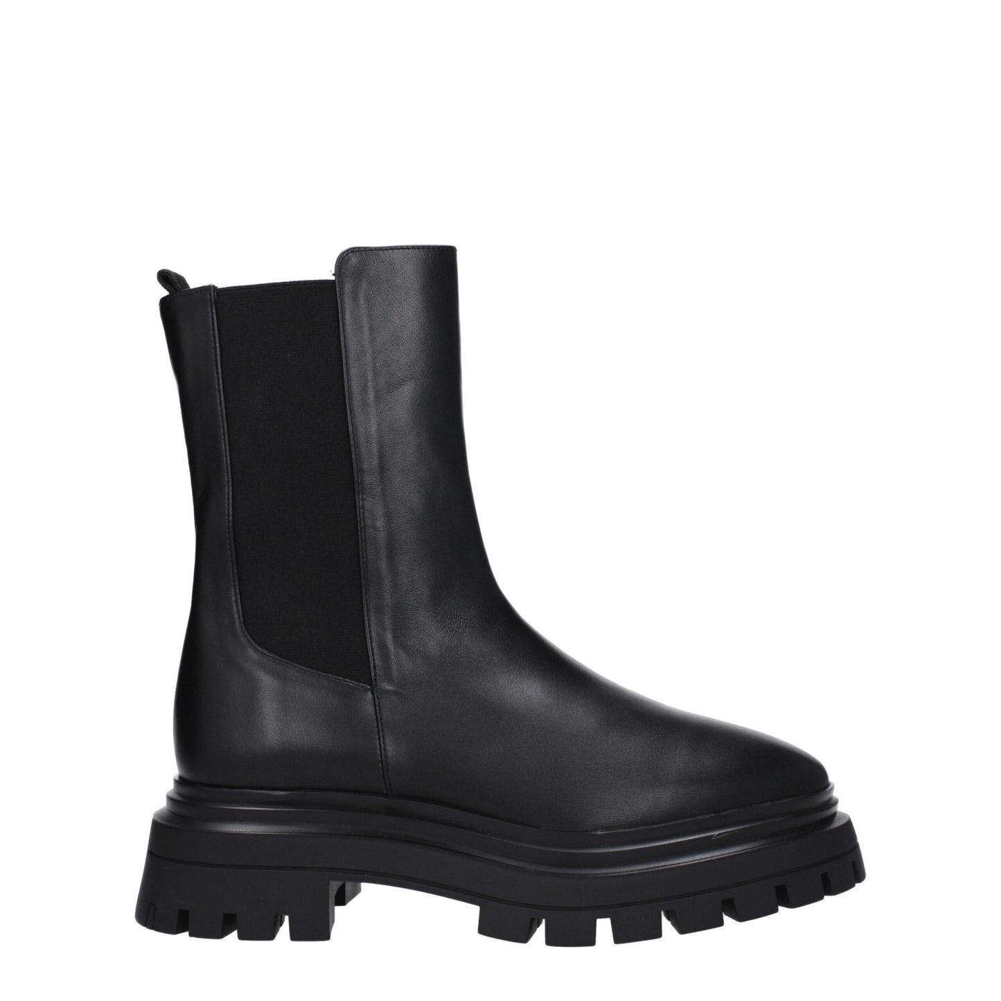 Stuart Weitzman Black Leather Ankle Boots with chunky lug sole and elastic side panels, ideal for women's fall and winter fashion.
