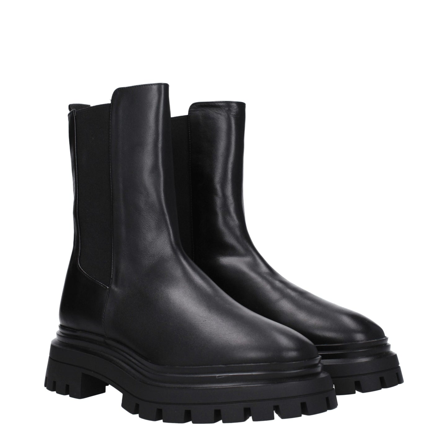 Pair of Stuart Weitzman Black Leather Ankle Boots featuring sleek leather finish and thick treaded sole for stylish durability.
