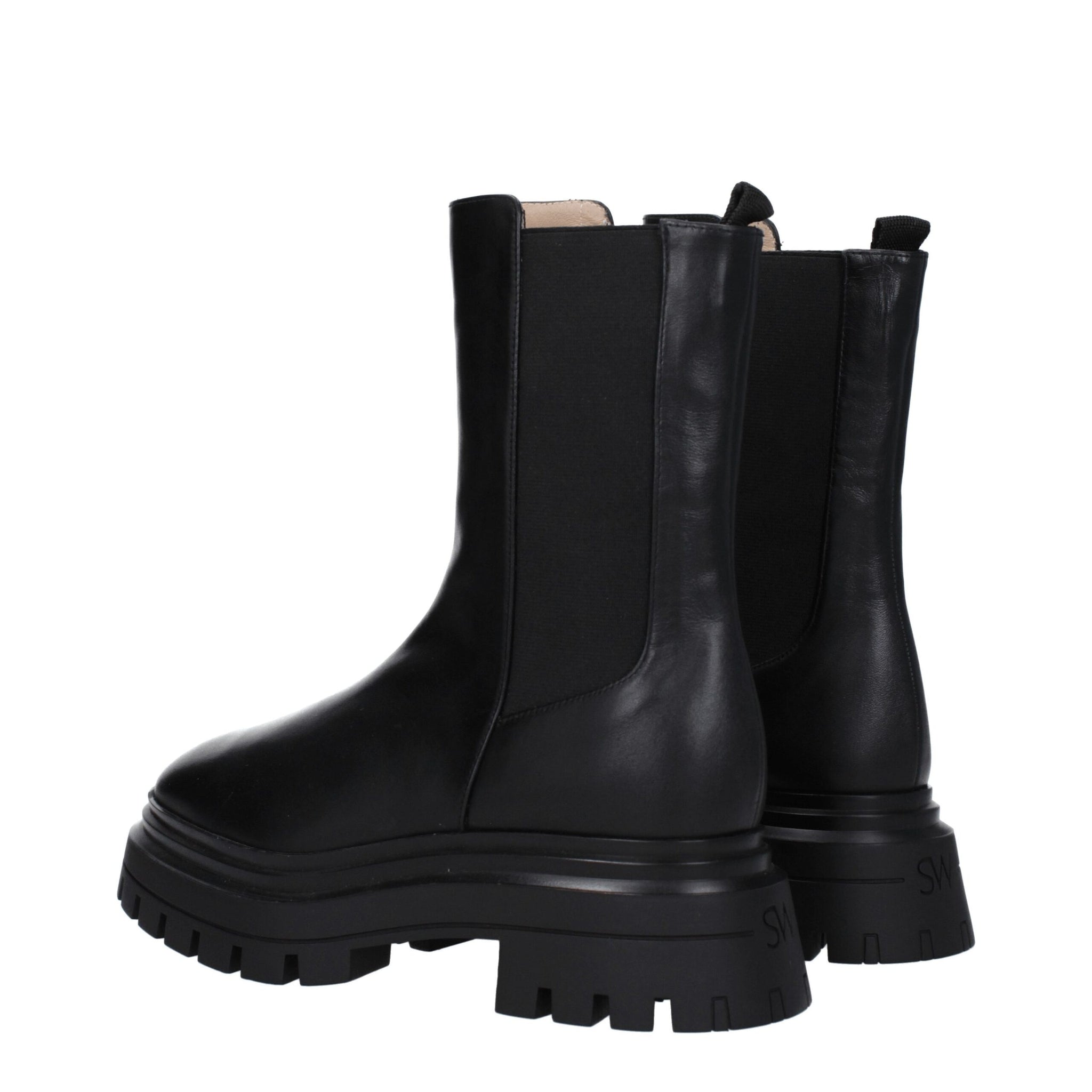 Rear angle of Stuart Weitzman Black Leather Ankle Boots highlighting pull tabs and embossed SW branding on the heel.