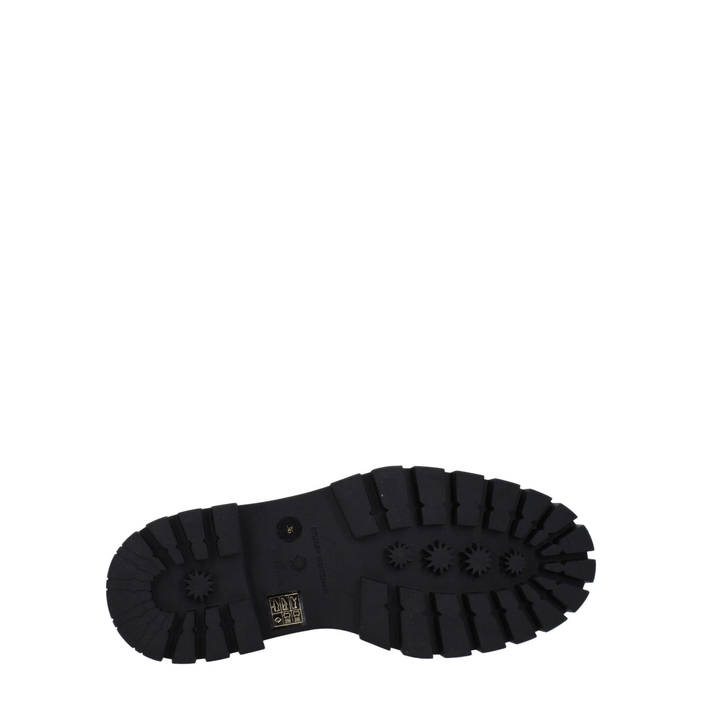 Outsole of Stuart Weitzman Black Leather Ankle Boots with deep tread pattern for enhanced grip and stability.