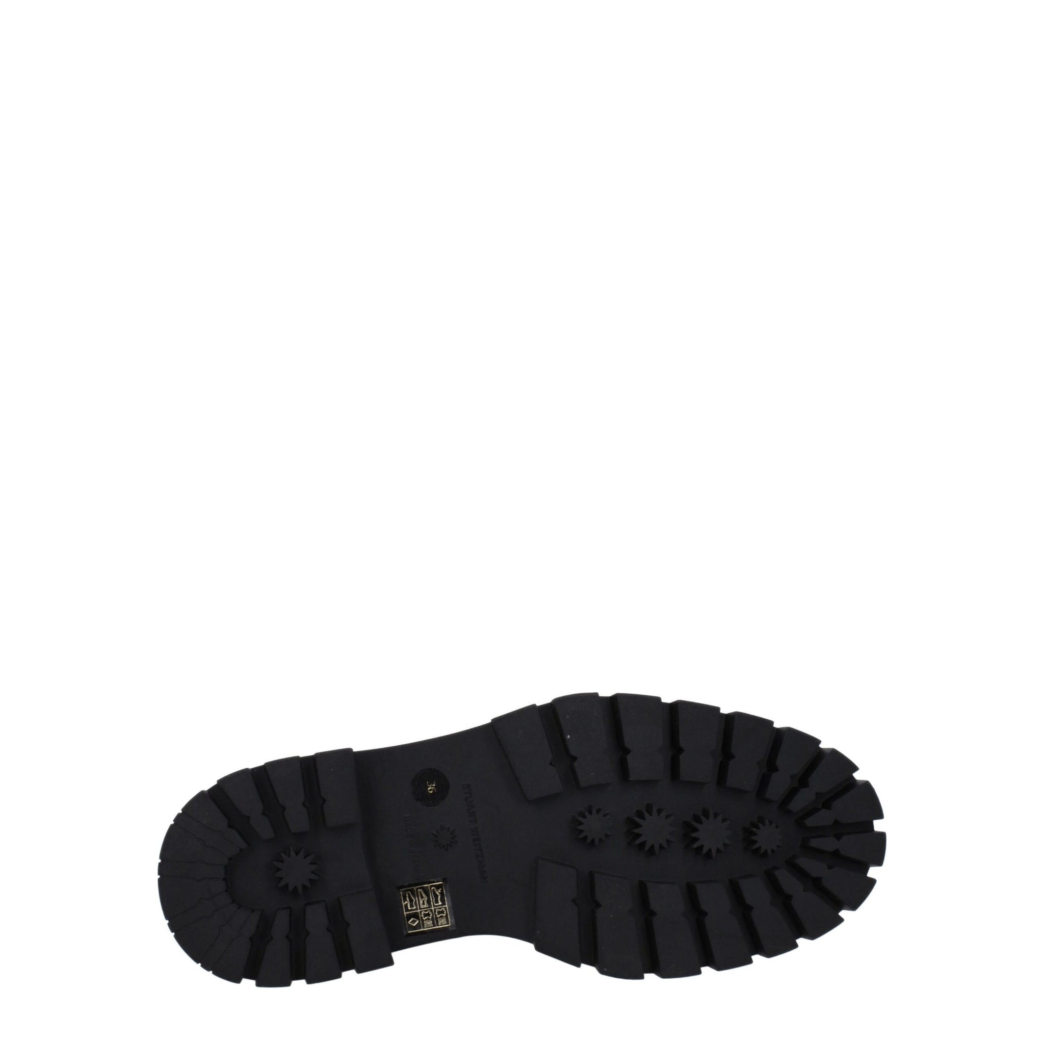 Outsole of Stuart Weitzman Black Leather Ankle Boots with deep tread pattern for enhanced grip and stability.