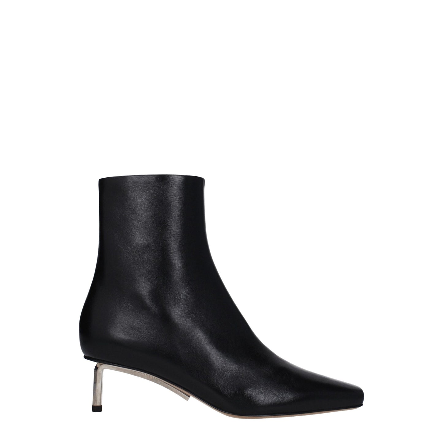 Off-White Black Leather Ankle Boots with sleek silhouette and metallic kitten heel, ideal for women's designer footwear collections.