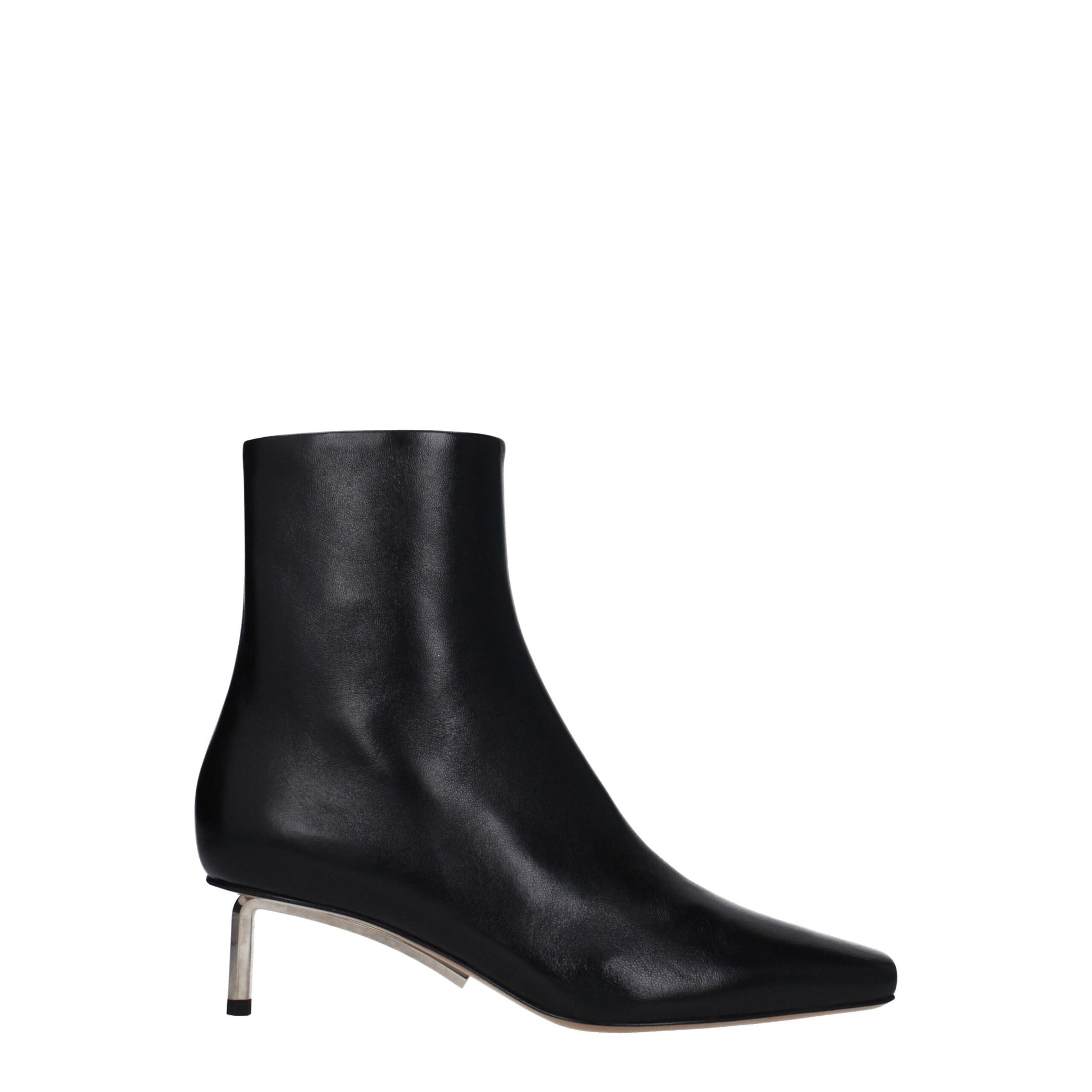 Off-White Black Leather Ankle Boots with sleek silhouette and metallic kitten heel, ideal for women's designer footwear collections.