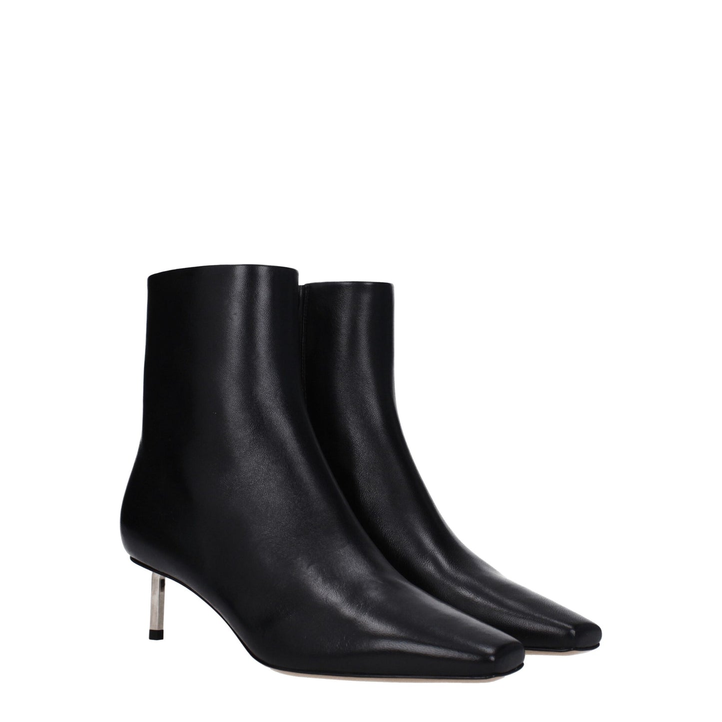 Pair of Off-White Black Leather Ankle Boots featuring pointed toe and silver-tone low heels, perfect for chic women's fashion styling.