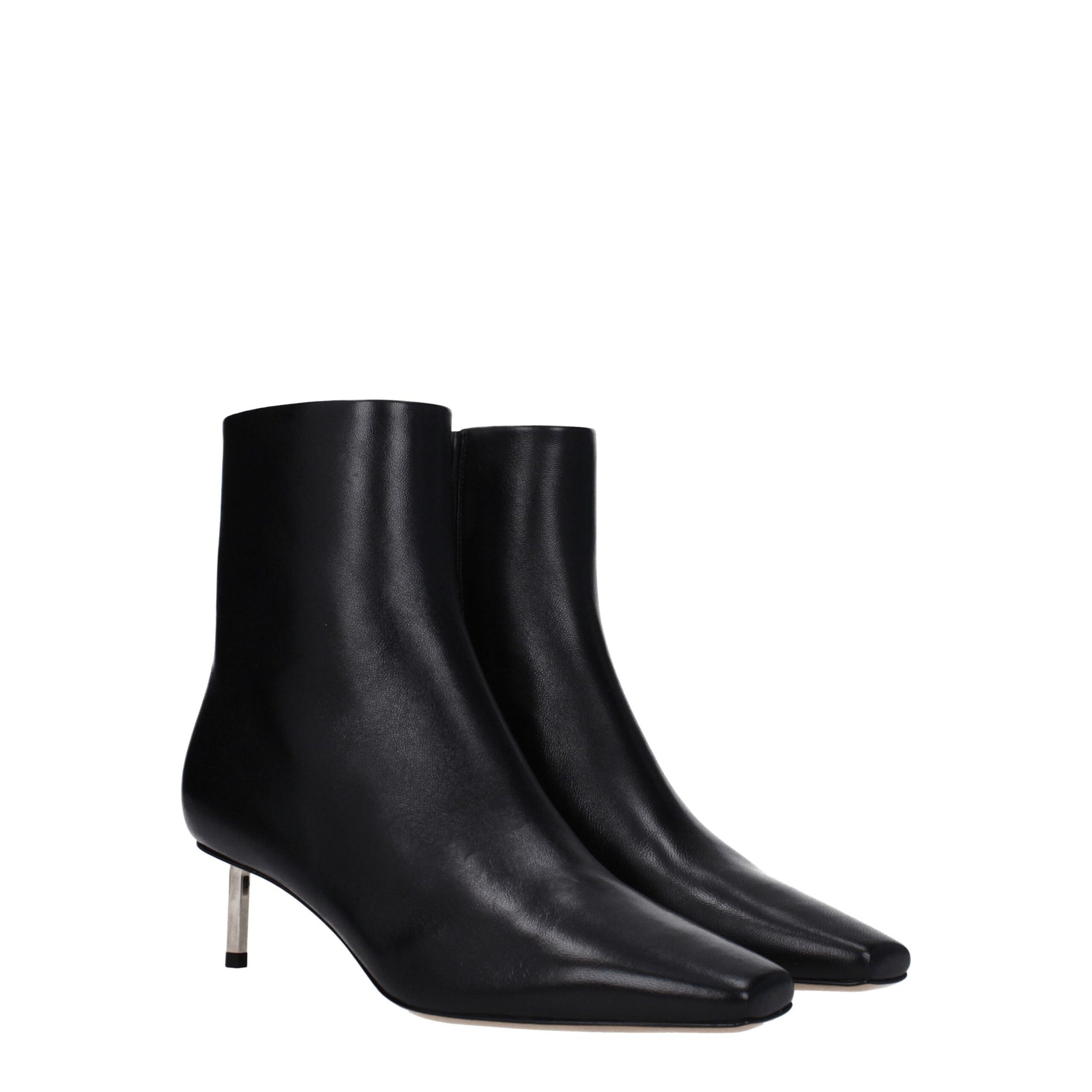 Pair of Off-White Black Leather Ankle Boots featuring pointed toe and silver-tone low heels, perfect for chic women's fashion styling.