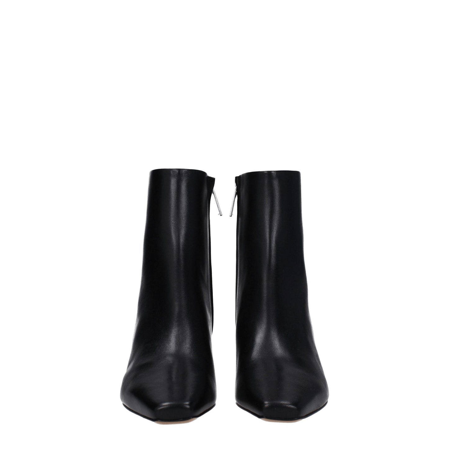 Front view of Off-White Black Leather Ankle Boots showcasing minimalist design and smooth leather finish for modern women's shoe trends.
