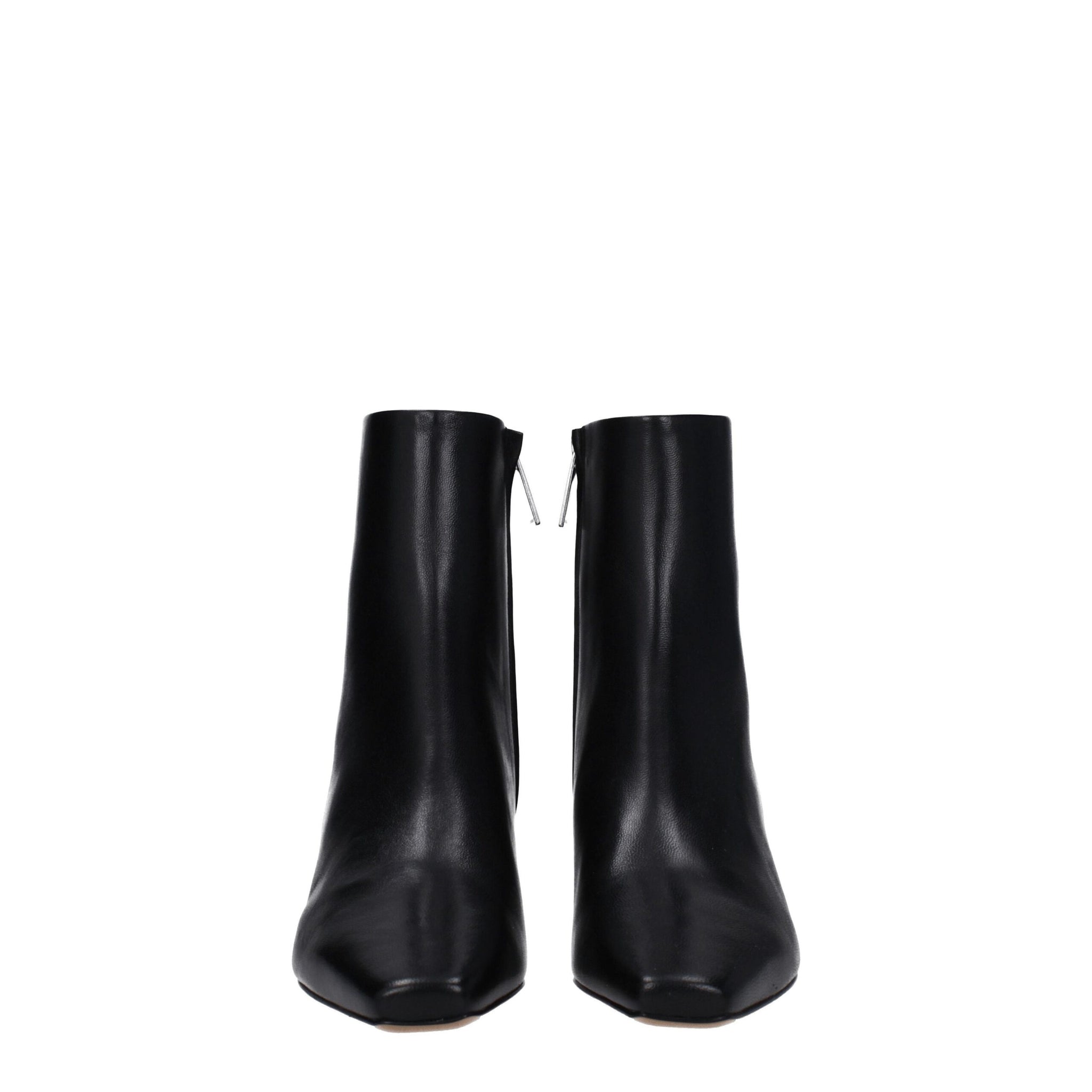 Front view of Off-White Black Leather Ankle Boots showcasing minimalist design and smooth leather finish for modern women's shoe trends.