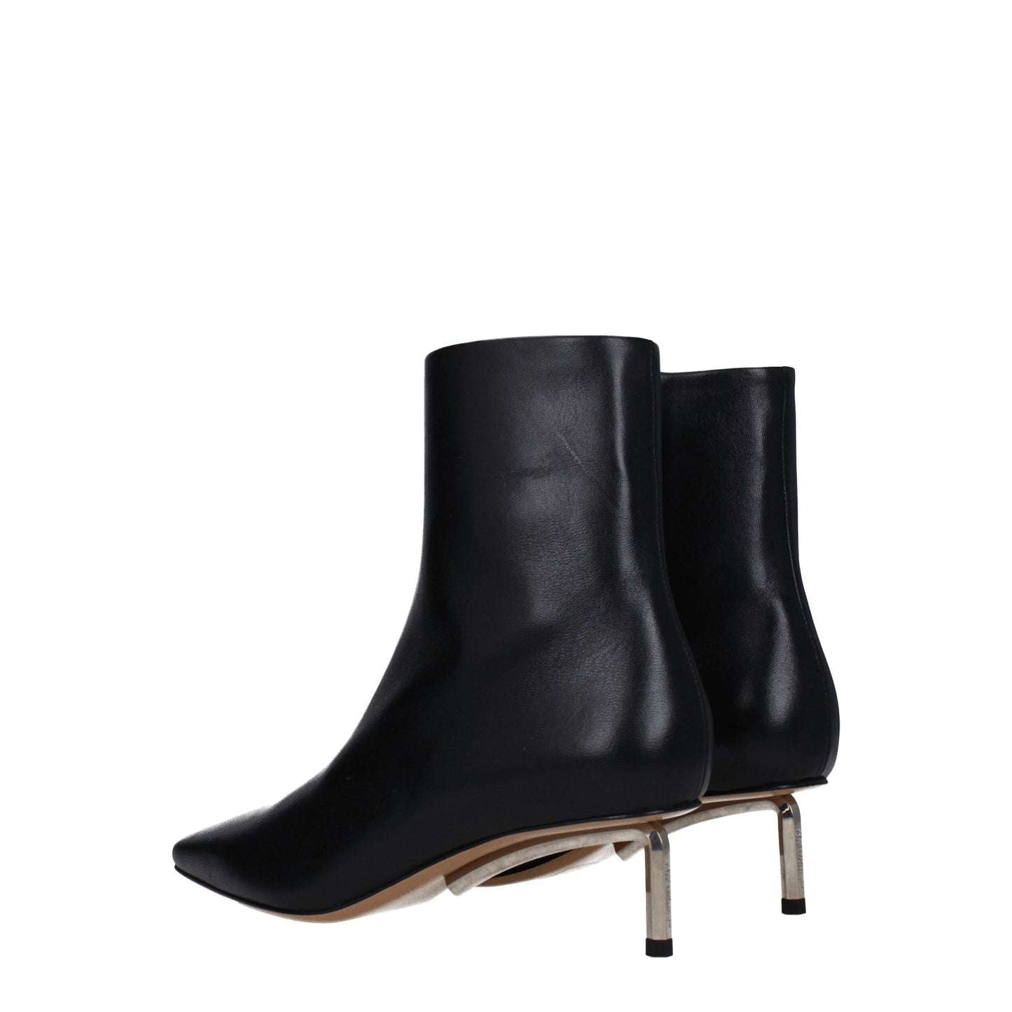 Rear angle of Off-White Black Leather Ankle Boots highlighting metallic heels and premium leather texture for luxury women's footwear.