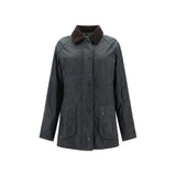 Barbour Breadnell waxed Jacket for women in dark green with brown corduroy collar, front snap pockets, and classic outdoor styling.