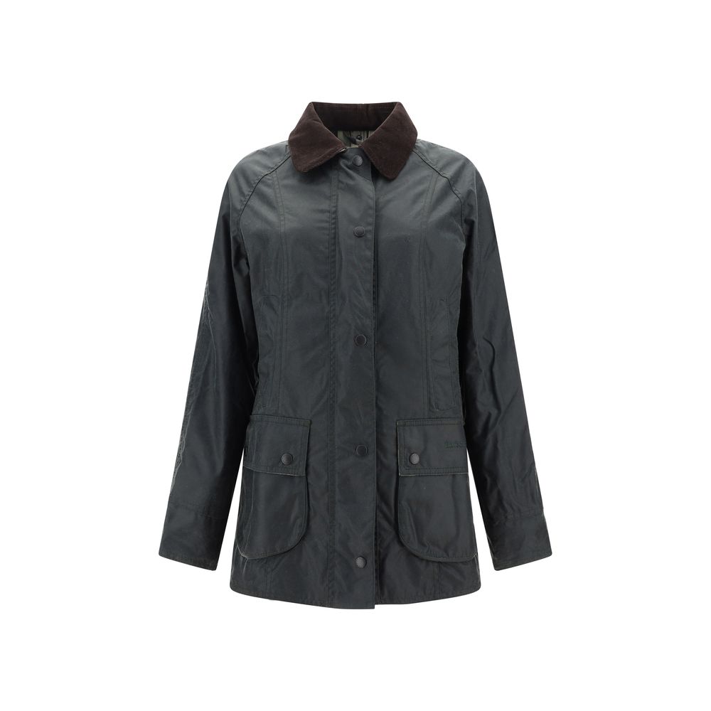 Barbour Breadnell waxed Jacket for women in dark green with brown corduroy collar, front snap pockets, and classic outdoor styling.